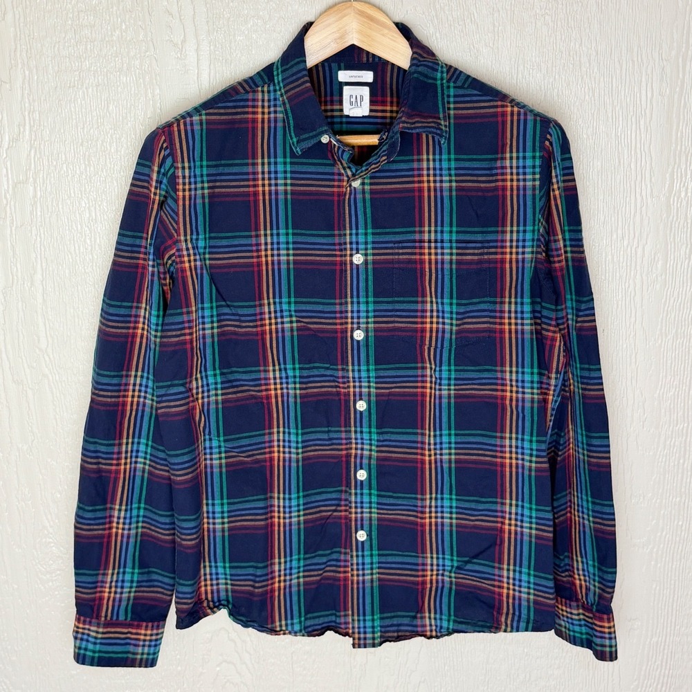 Gap Untucked Mens Medium Plaid Button Down Shirt Long Sleeve Multi-Color Cotton